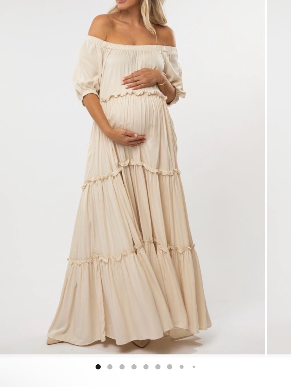 Pink Blush Cream Off Shoulder Ruffle Tiered Maternity Maxi Dress- Size M